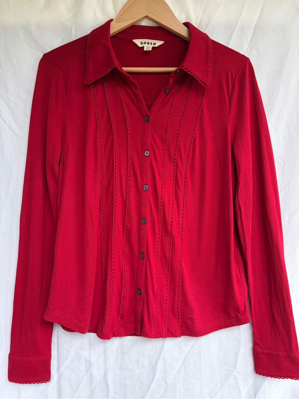 Boden Picot Trim Jersey Shirt Red Button Front Blouse US 8